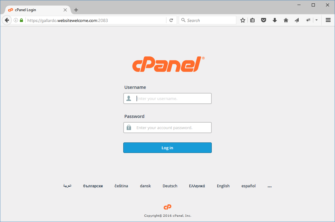 cPanel Log In panel